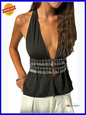 Sexy Open Back Halter Top Deep V Neck Backless Sleeveless Club Rave Going Out
